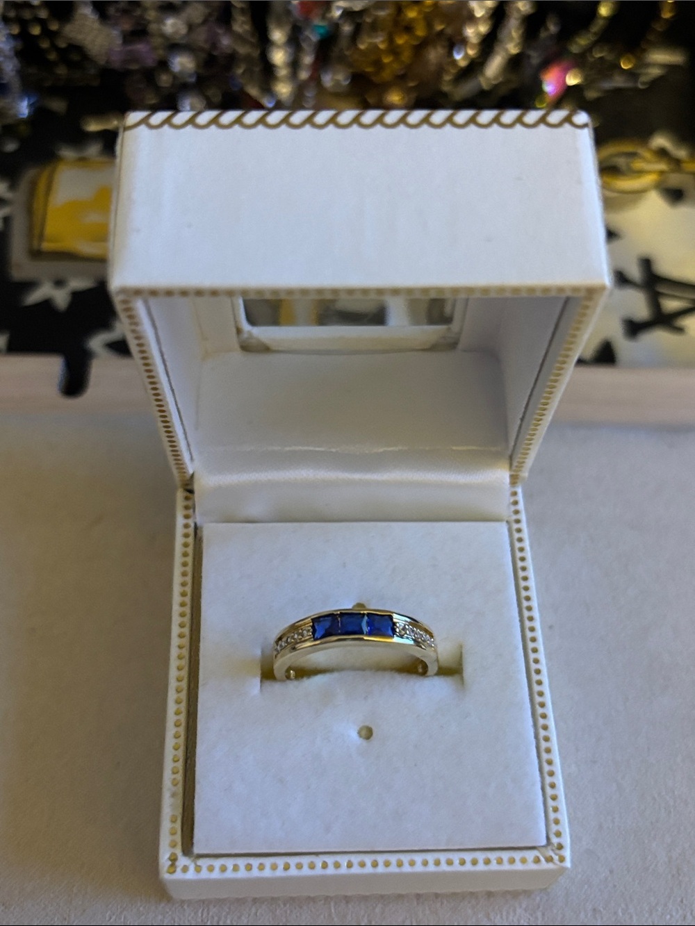 Gold Band Ring with Three Blue Stones Size 7